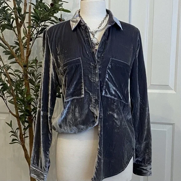 Pilcro Velvet Shirt in Silver Gray-Blue 💠 LIKE NEW Button Down - Picture 6 of 12